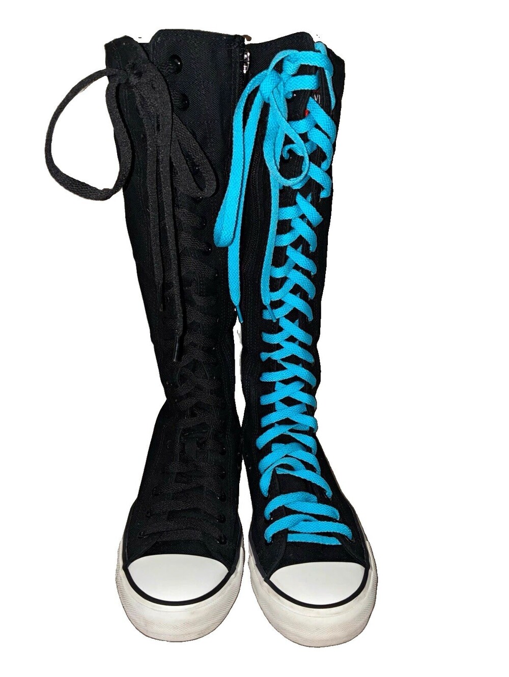 YUANBU Black Canvas Knee-High Combat Boots Lace-Up Side Zipper Blue Laces 39/245